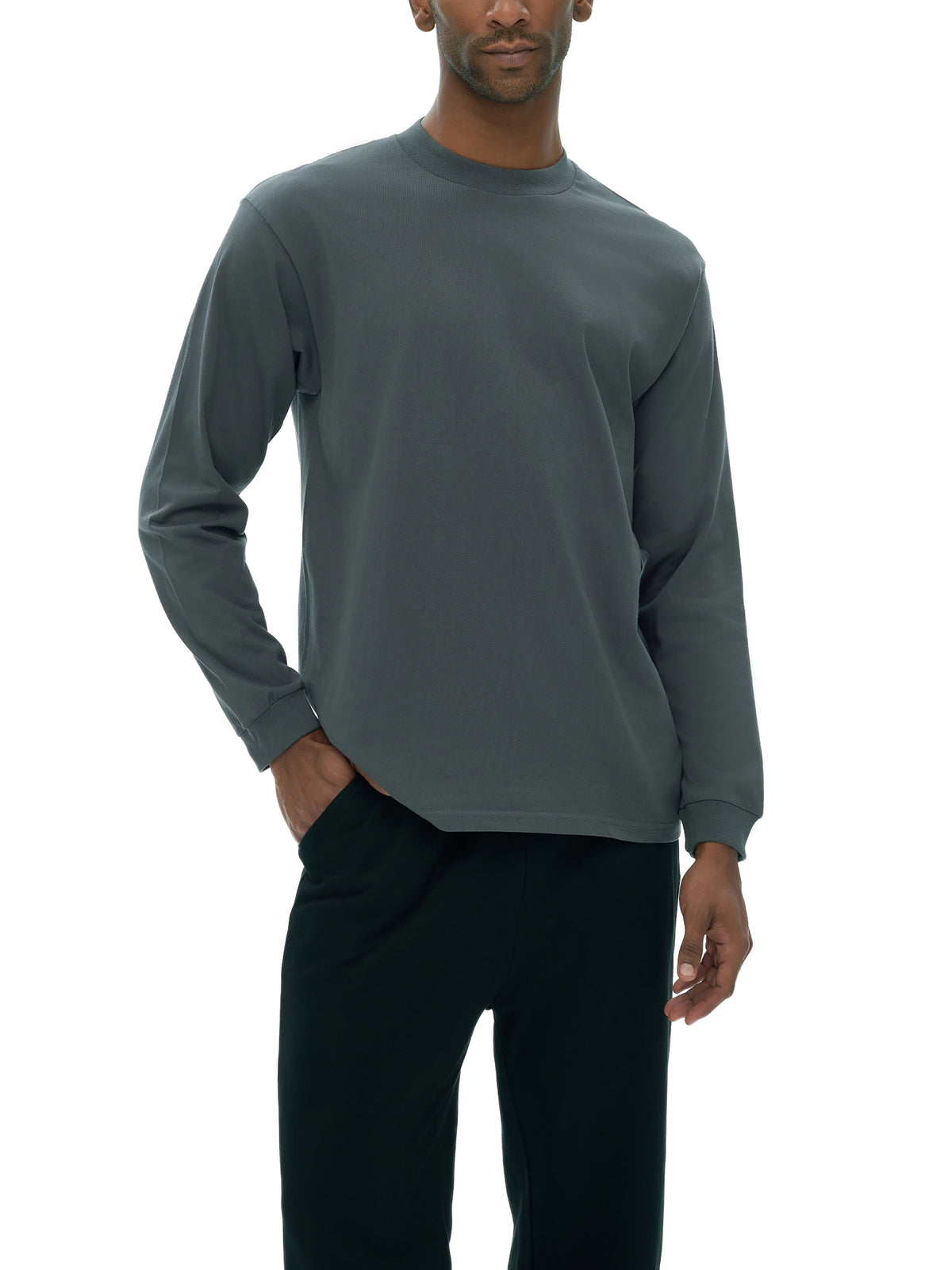 Off Script Crew Neck Drop Shoulder Long Sleeve Shirt - Dark Gray male model alternate front view