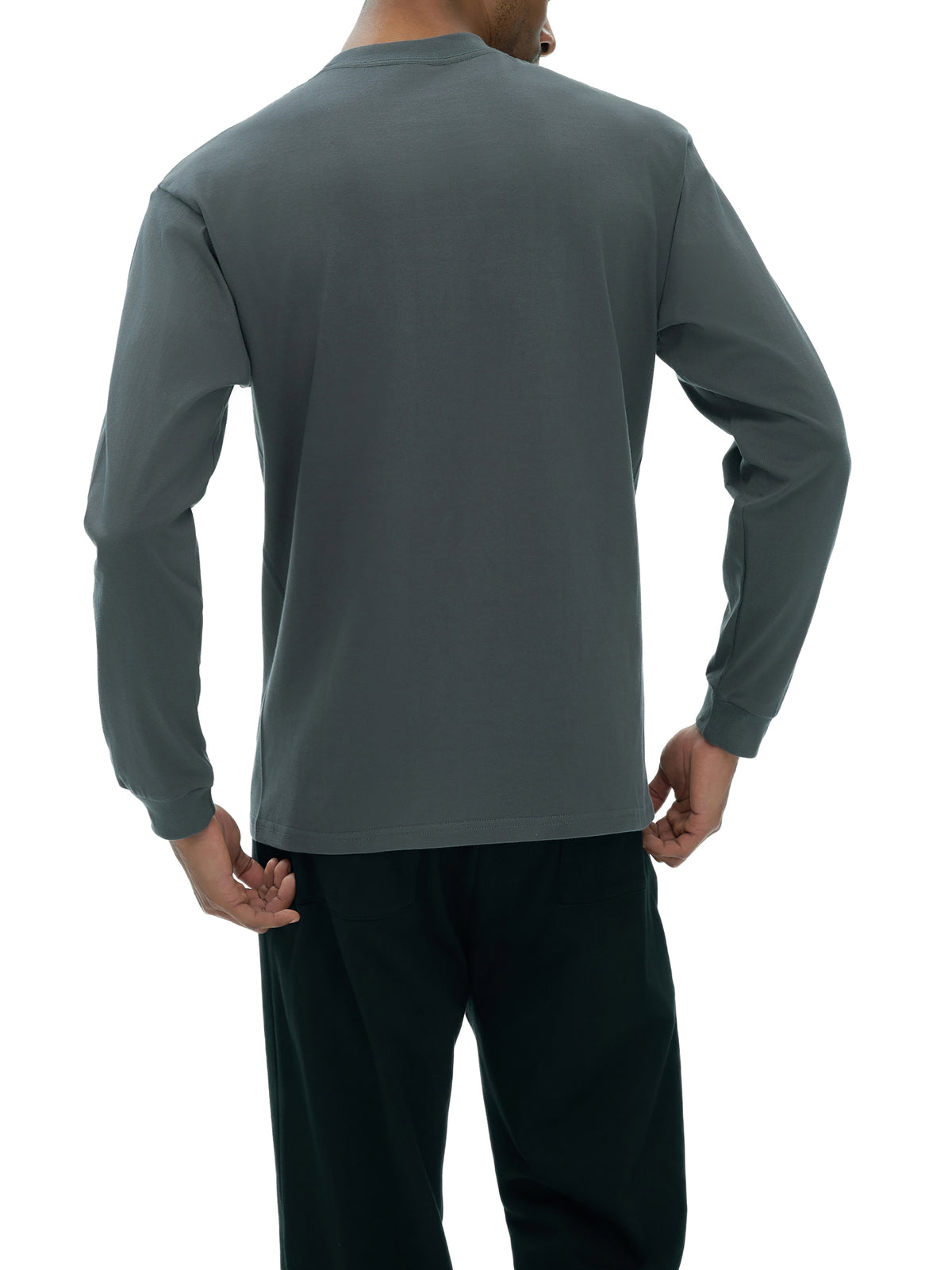 Off Script Crew Neck Drop Shoulder Long Sleeve Shirt - Dark Gray male model alternate back view
