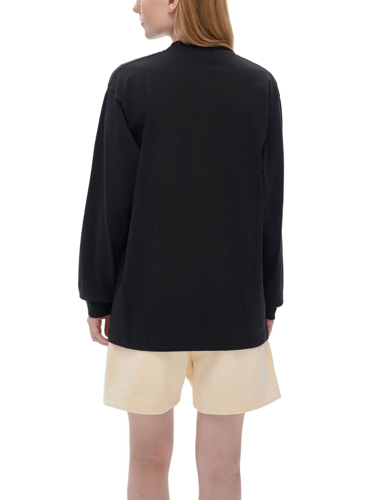 Off Script Crew Neck Drop Shoulder Long Sleeve Shirt - Black female model back view