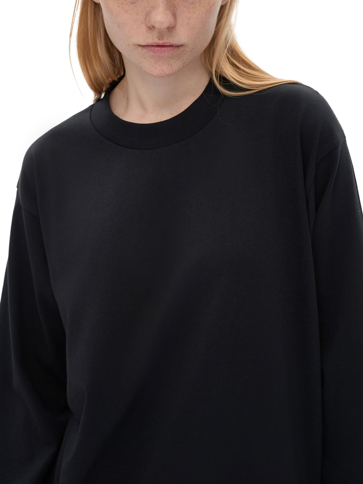 Off Script Crew Neck Drop Shoulder Long Sleeve Shirt - Black female model upper front detail