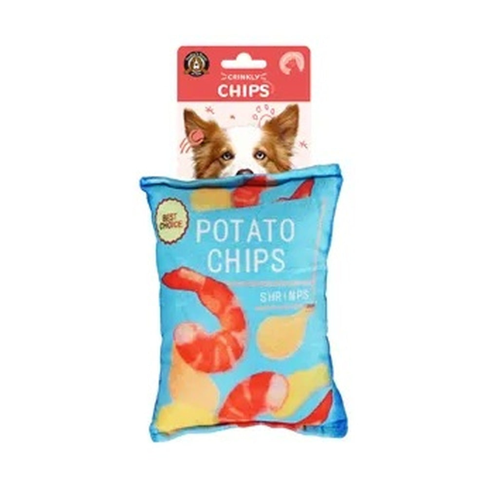 Blue crinkly potato chips dog toy