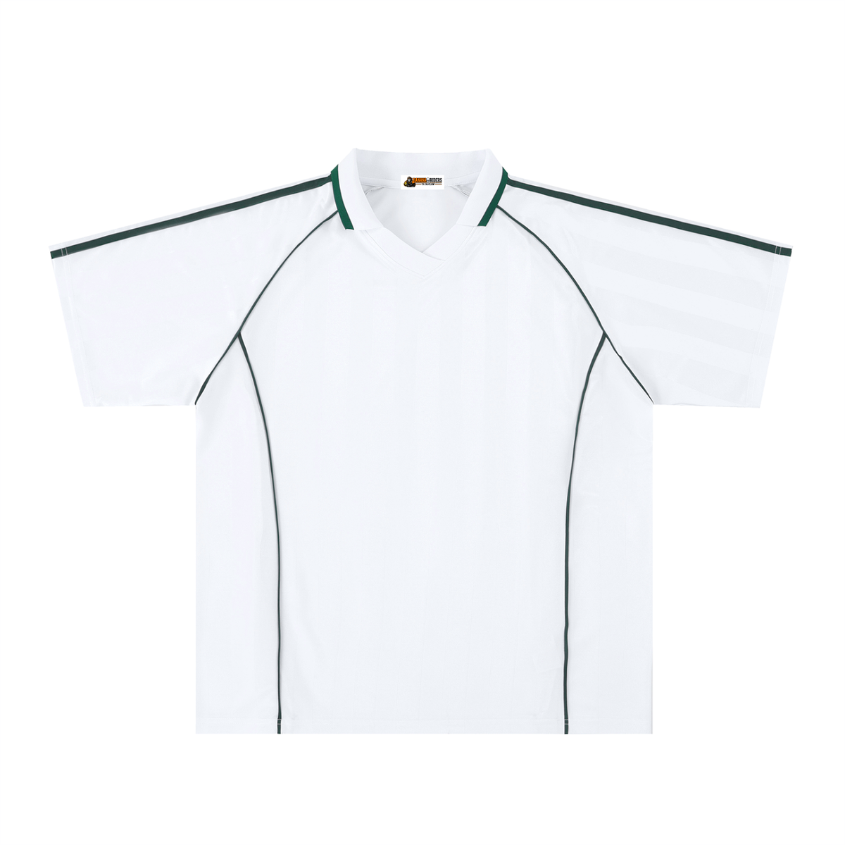 White with Dark Green Unisex Shadow-Stripe Collared Soccer Jersey front view