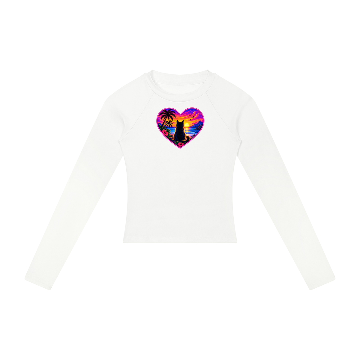 Sunset Cat Heart Women's Raglan Long Sleeve Crop T-Shirt