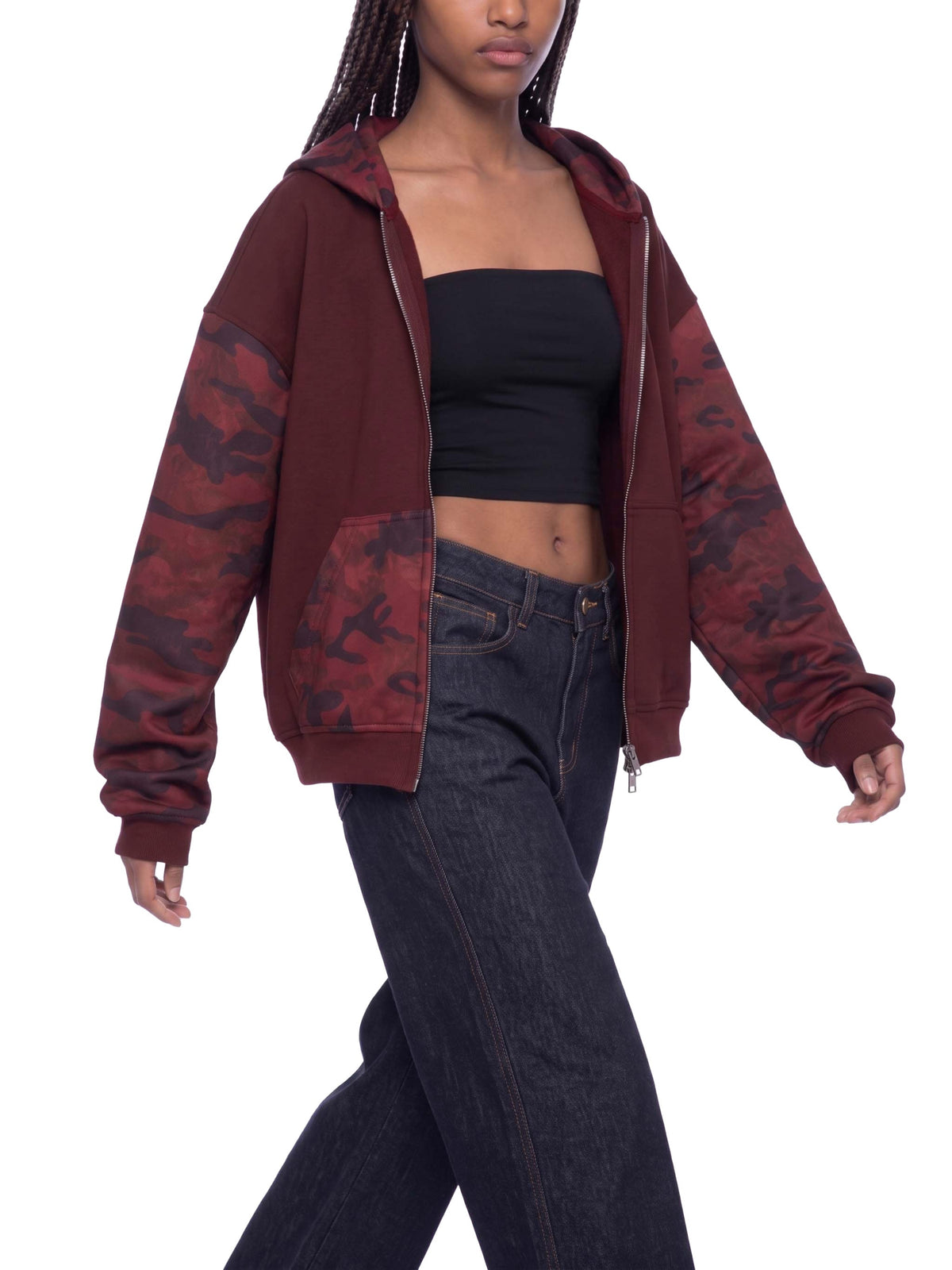 Unisex Colorblock Camo Full Zip Boxy Hoodie