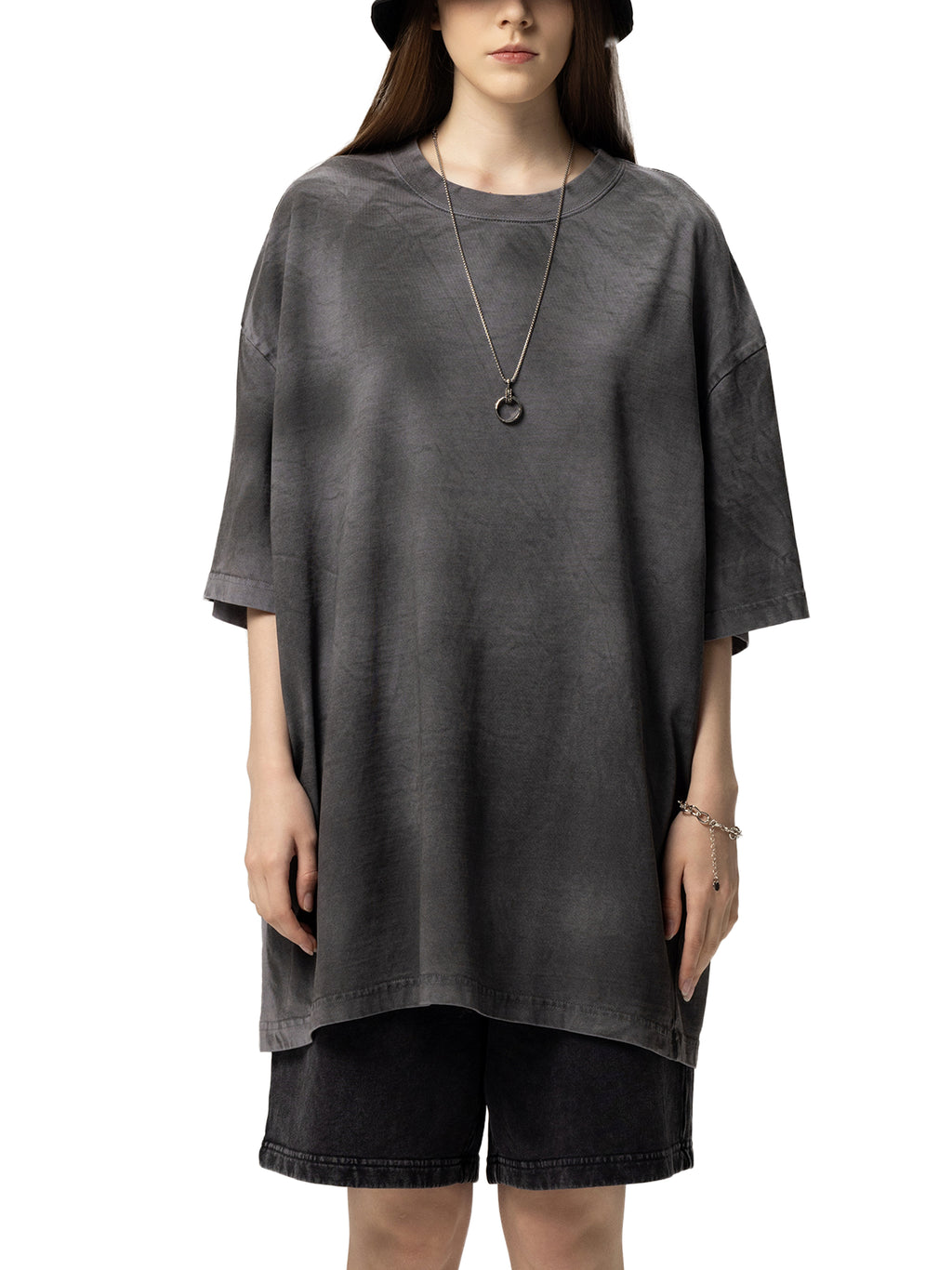 Off Script Dirty Washed Loose T-Shirt - Dark Gray female model front view