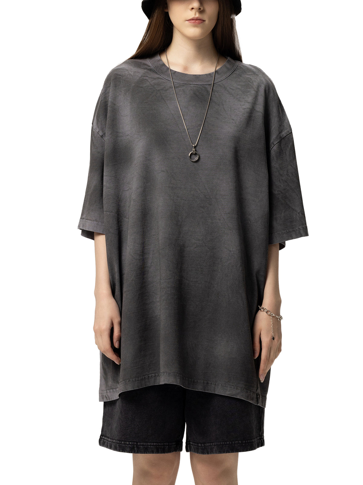 Off Script Dirty Washed Loose T-Shirt - Dark Gray female model front view