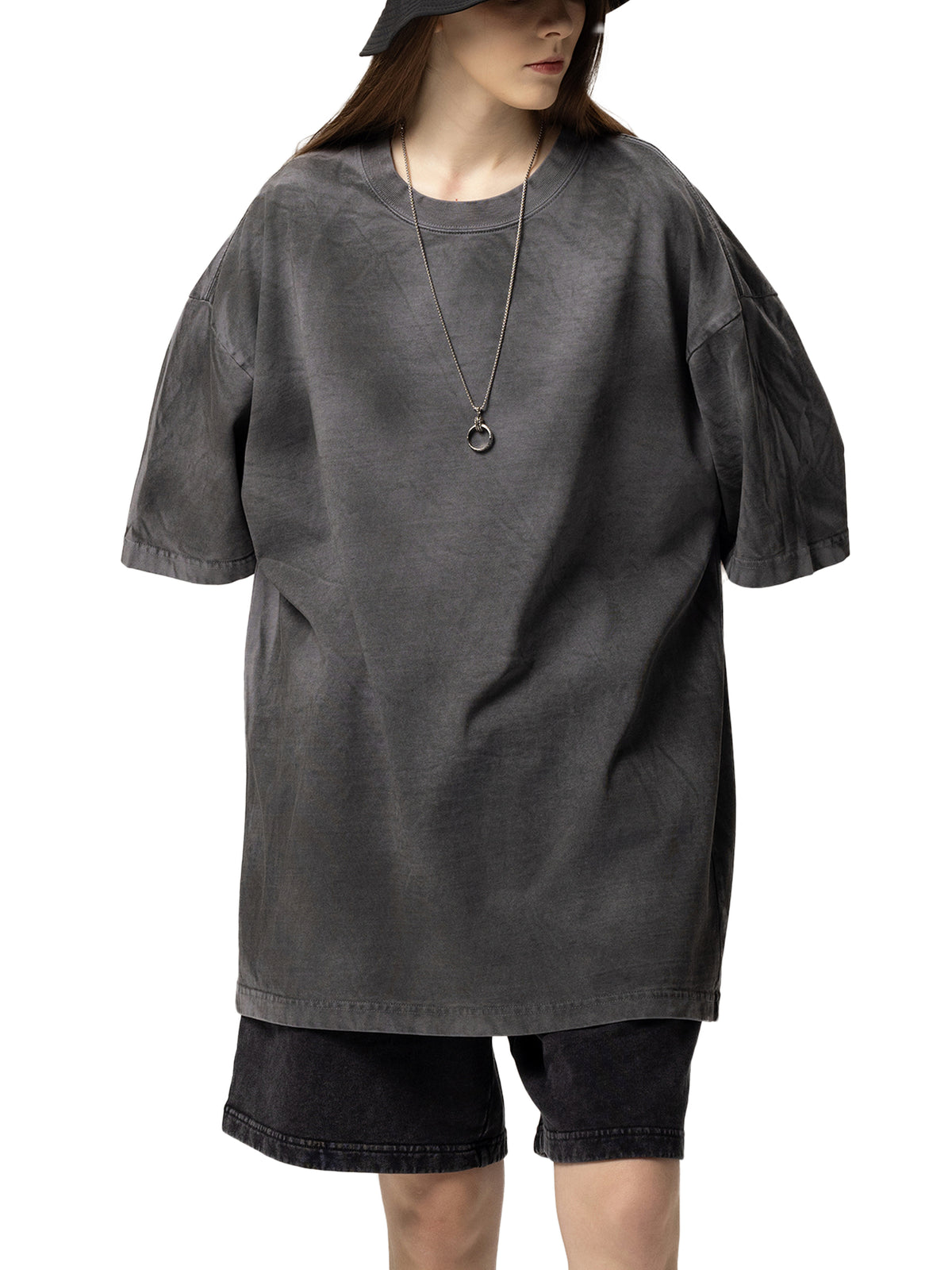 Off Script Dirty Washed Loose T-Shirt - Dark Gray female model alternate front view