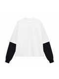 White with Black Unisex Layered Contrast-Sleeve Long-Sleeve T-Shirt front view