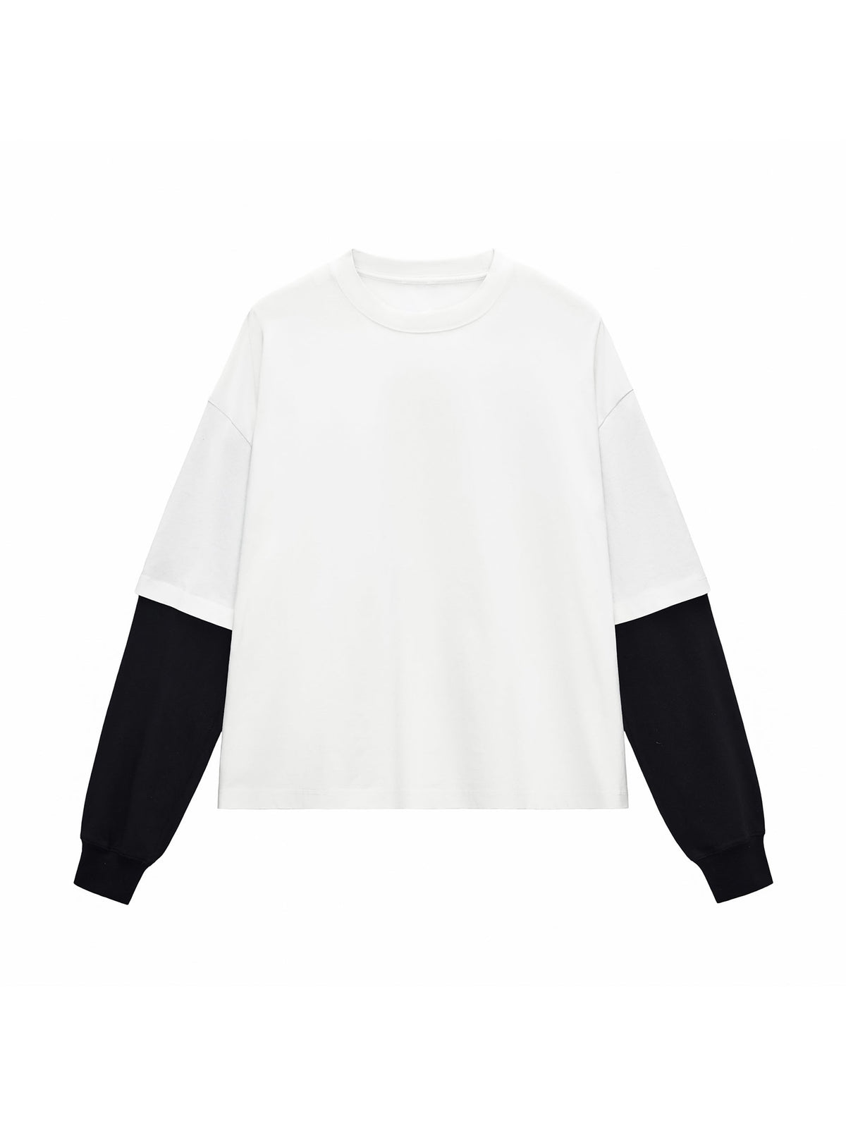 White with Black Unisex Layered Contrast-Sleeve Long-Sleeve T-Shirt front view