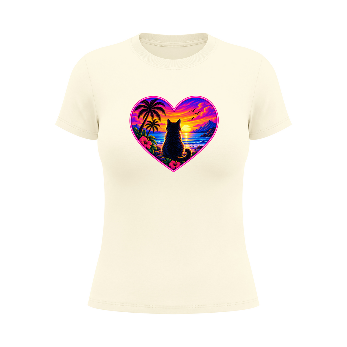 Women's Cat Sunset Heart Graphic T-Shirt