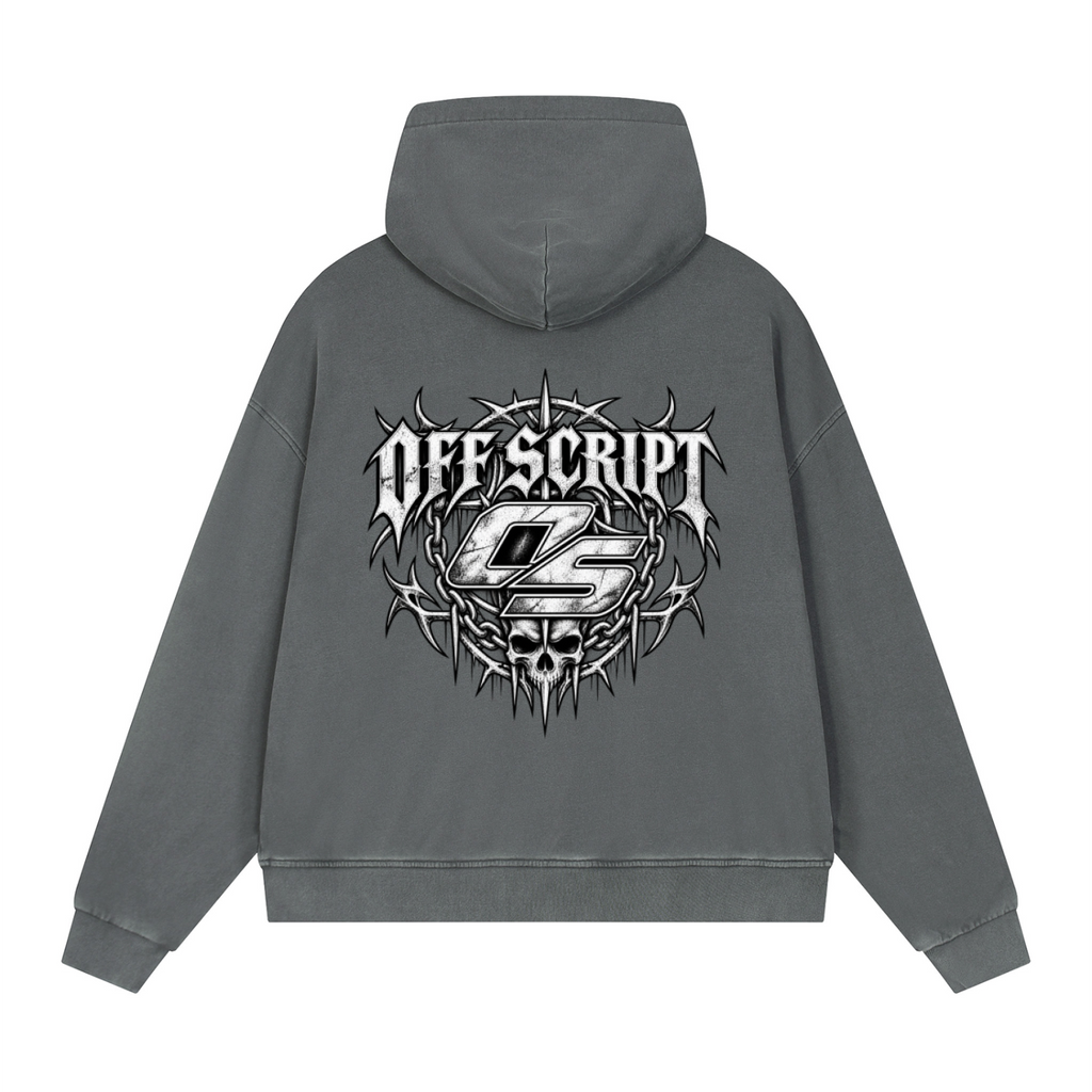 Off Script Gothic Skull Vintage Wash Full Zip Boxy Hoodie