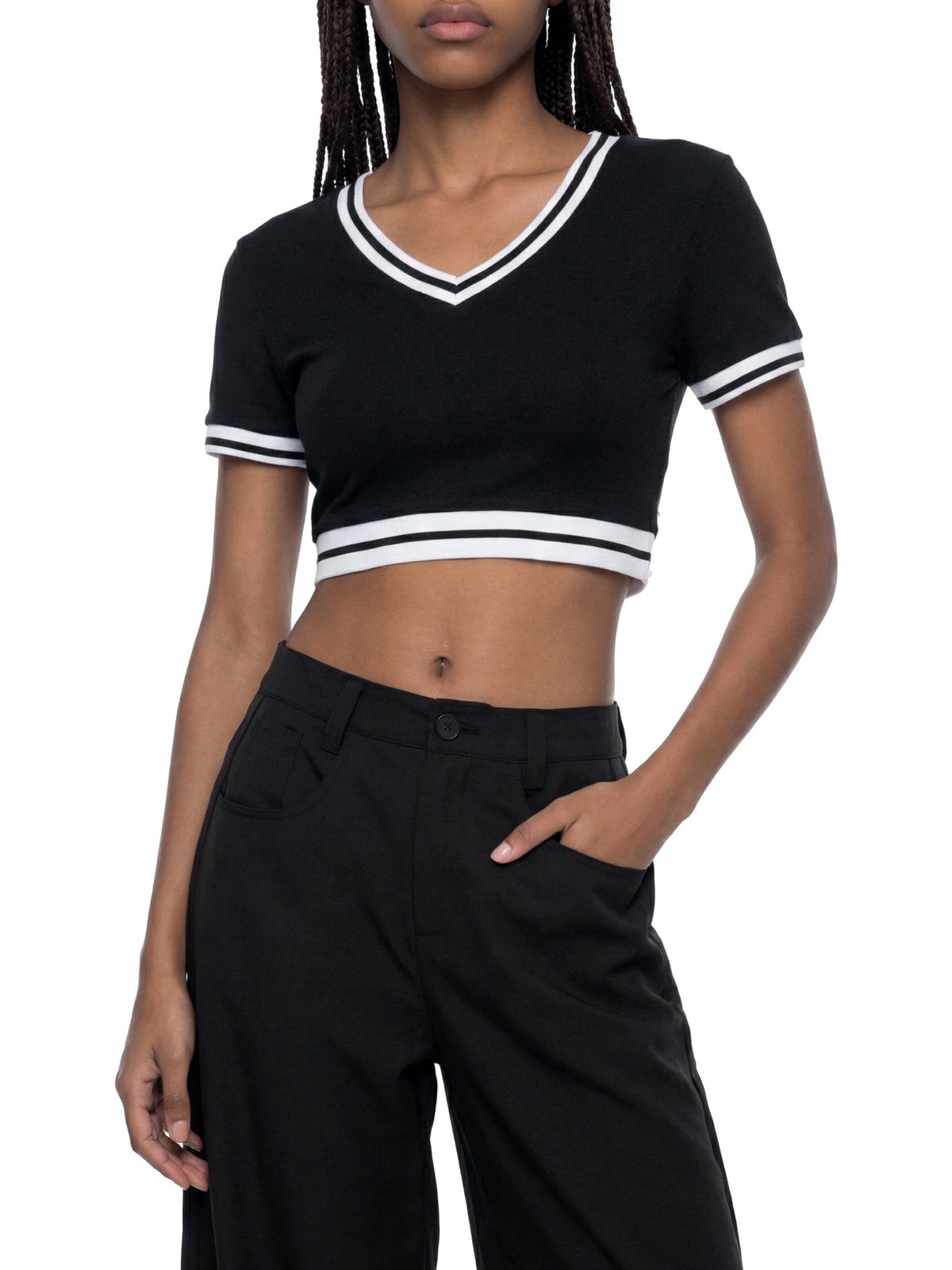 Women's Color Block V-Neck Crop T-Shirt