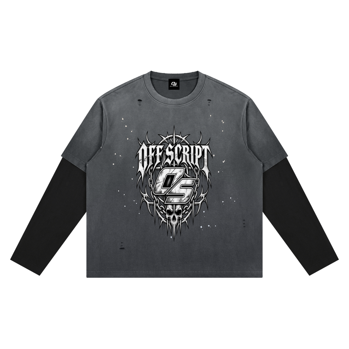 Off Script Gothic Skull Vintage Wash Distressed Layer T-Shirt