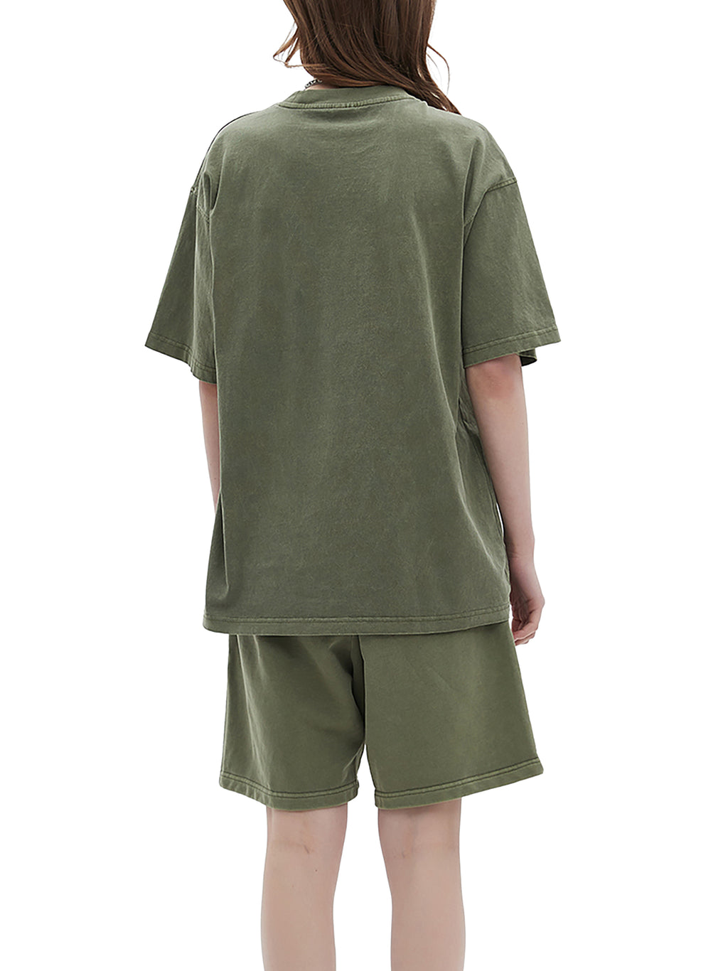 Gray Green Enzyme Washed T-Shirt on female model back view