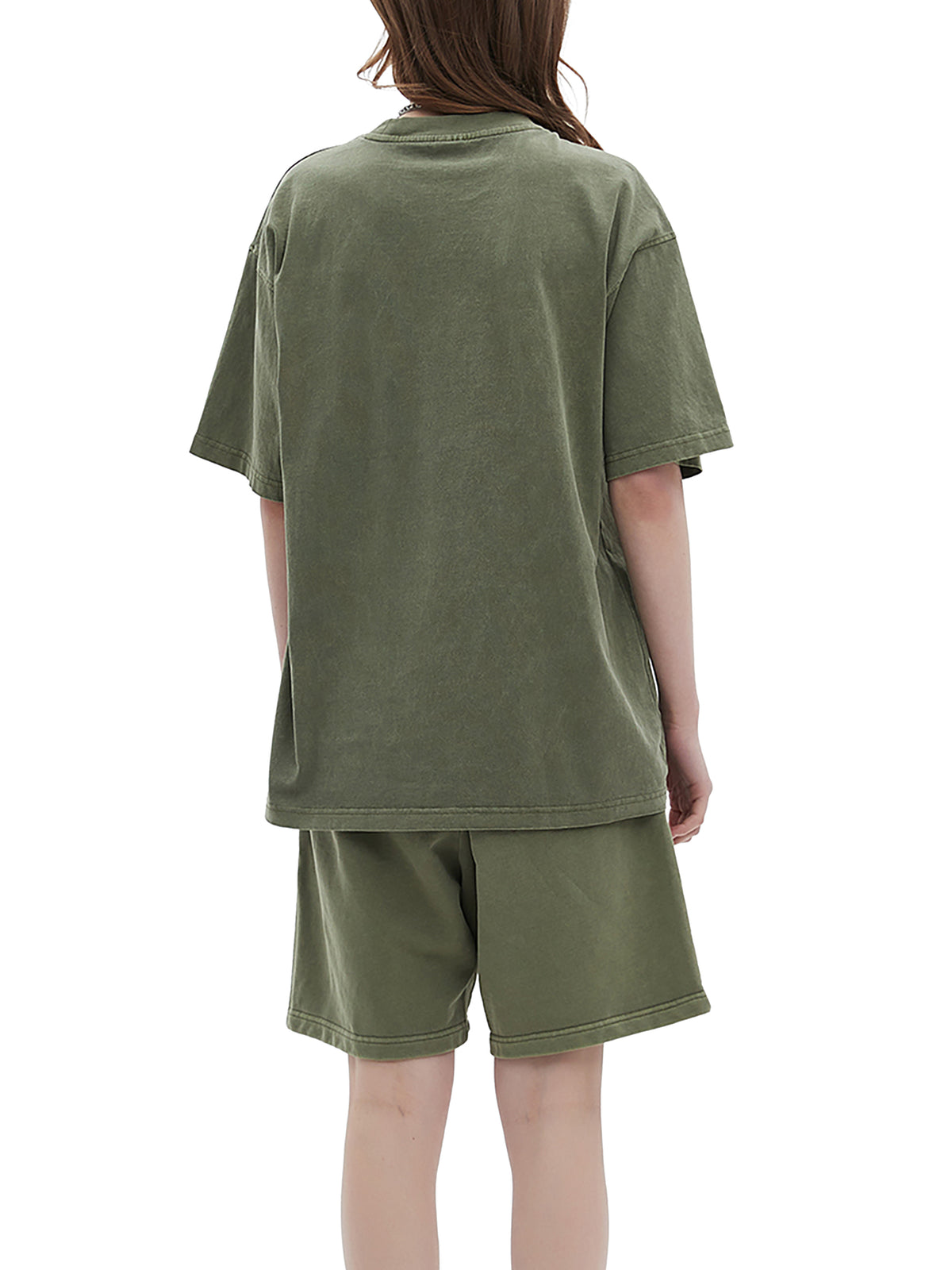 Gray Green Enzyme Washed T-Shirt on female model back view