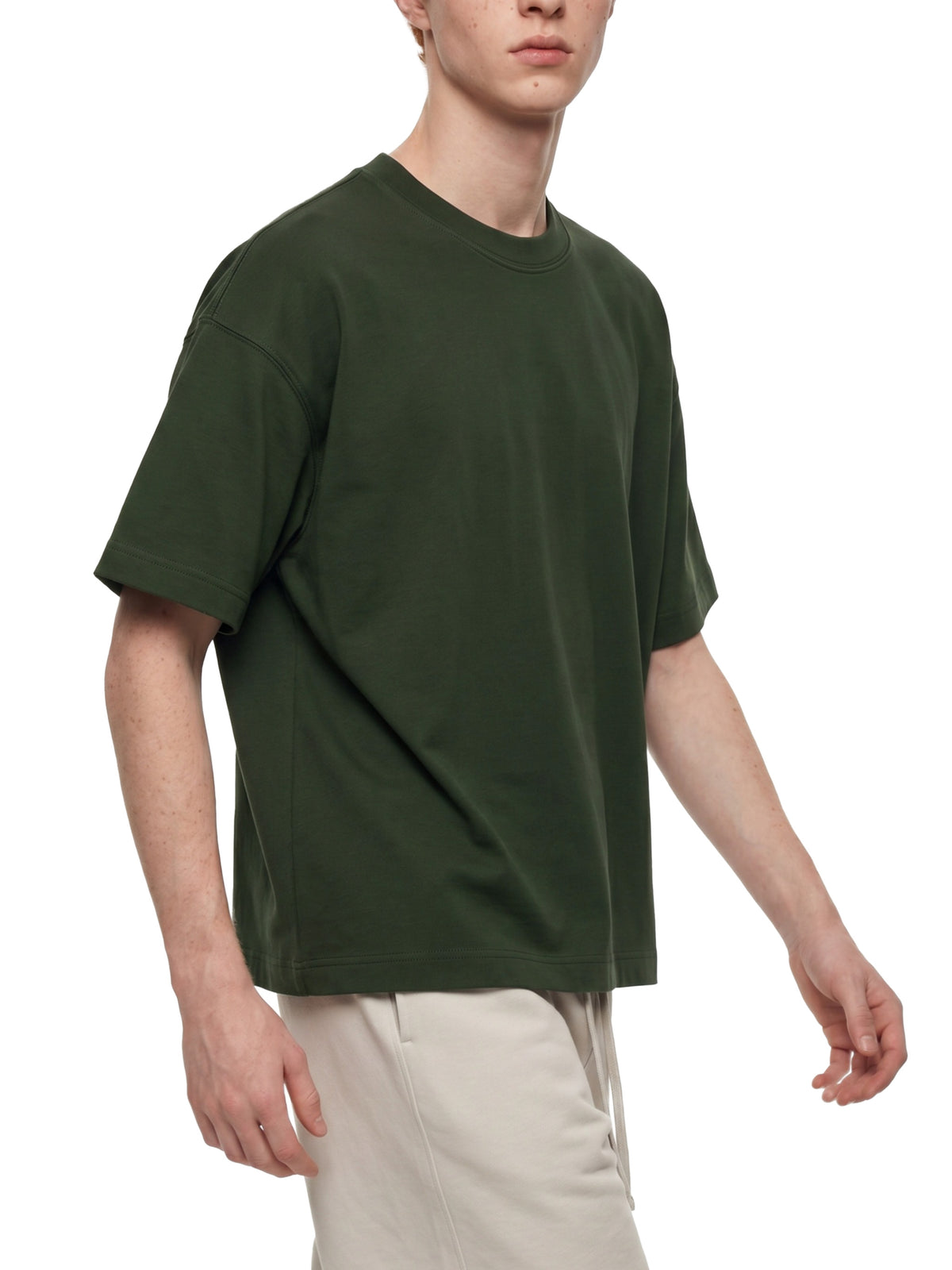 Off Script Essential Cotton Boxy T-Shirt - Dark Green model walking view