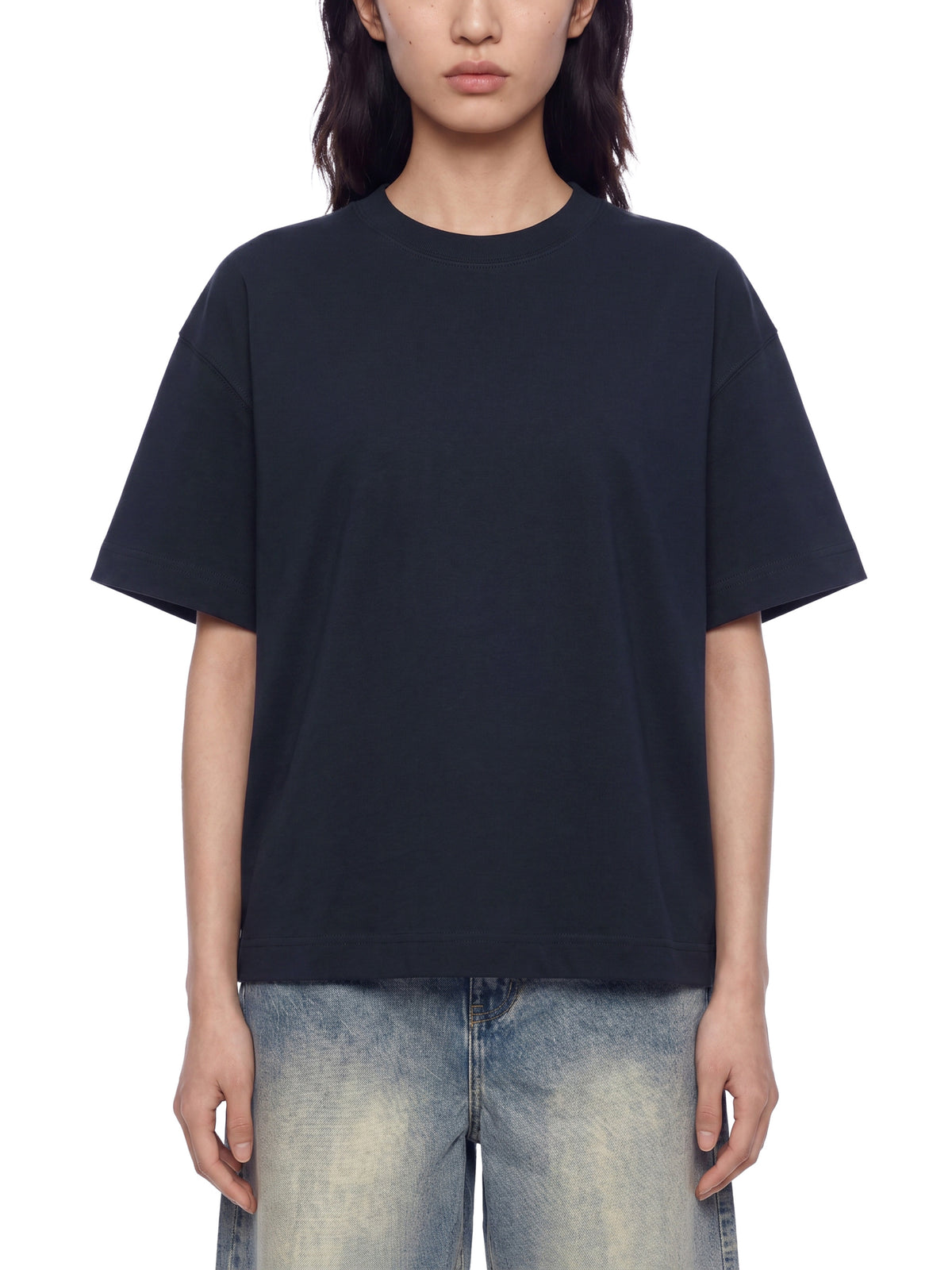 Off Script Essential Cotton Boxy T-Shirt - Navy Blue model front view