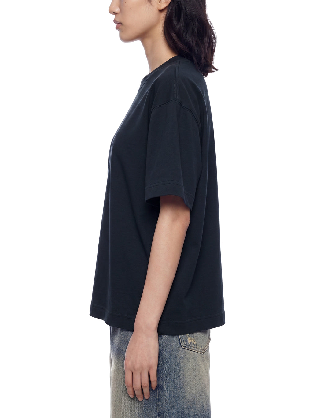 Off Script Essential Cotton Boxy T-Shirt - Navy Blue model side view