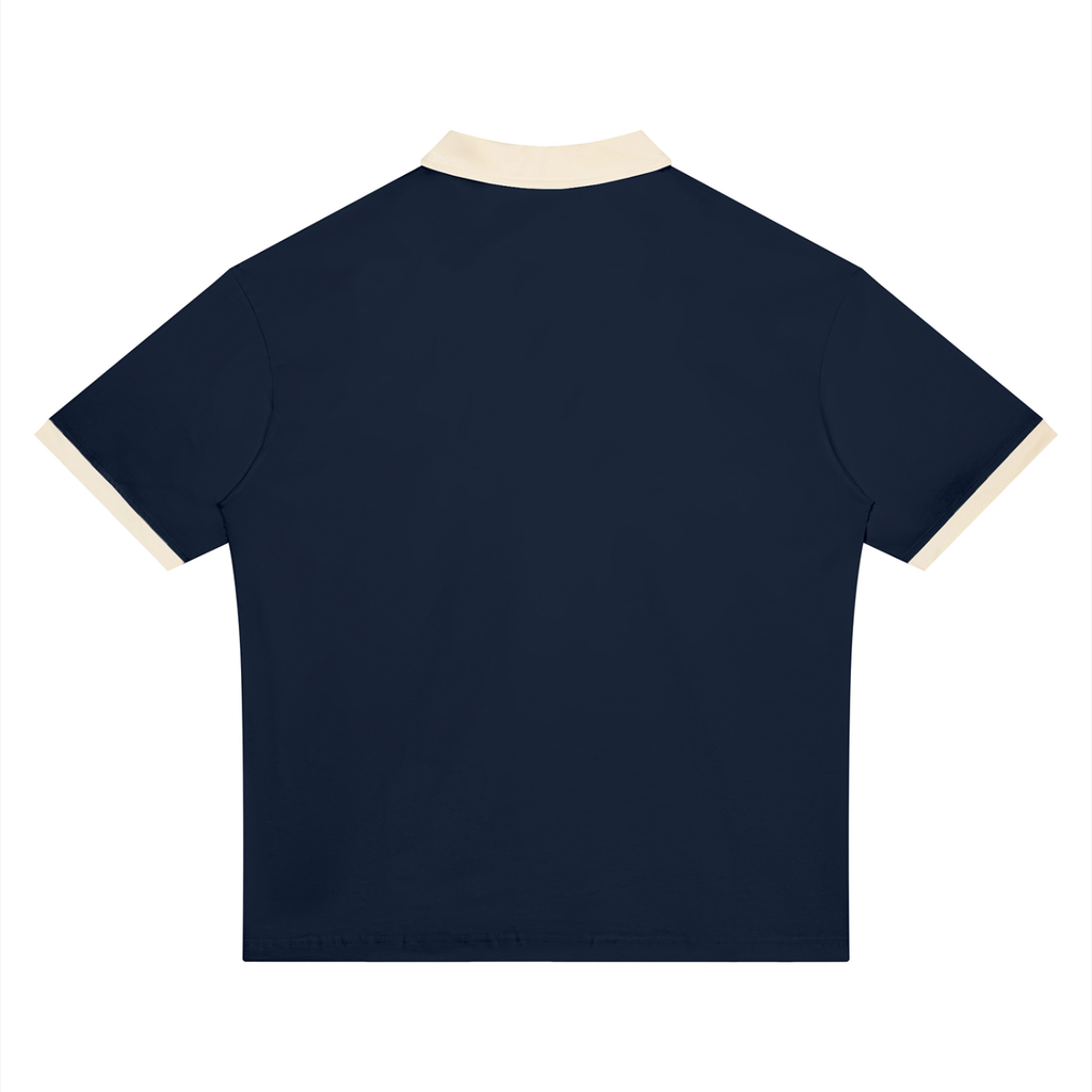 Navy Blue with Apricot Unisex Color Block Polo Shirt back product view