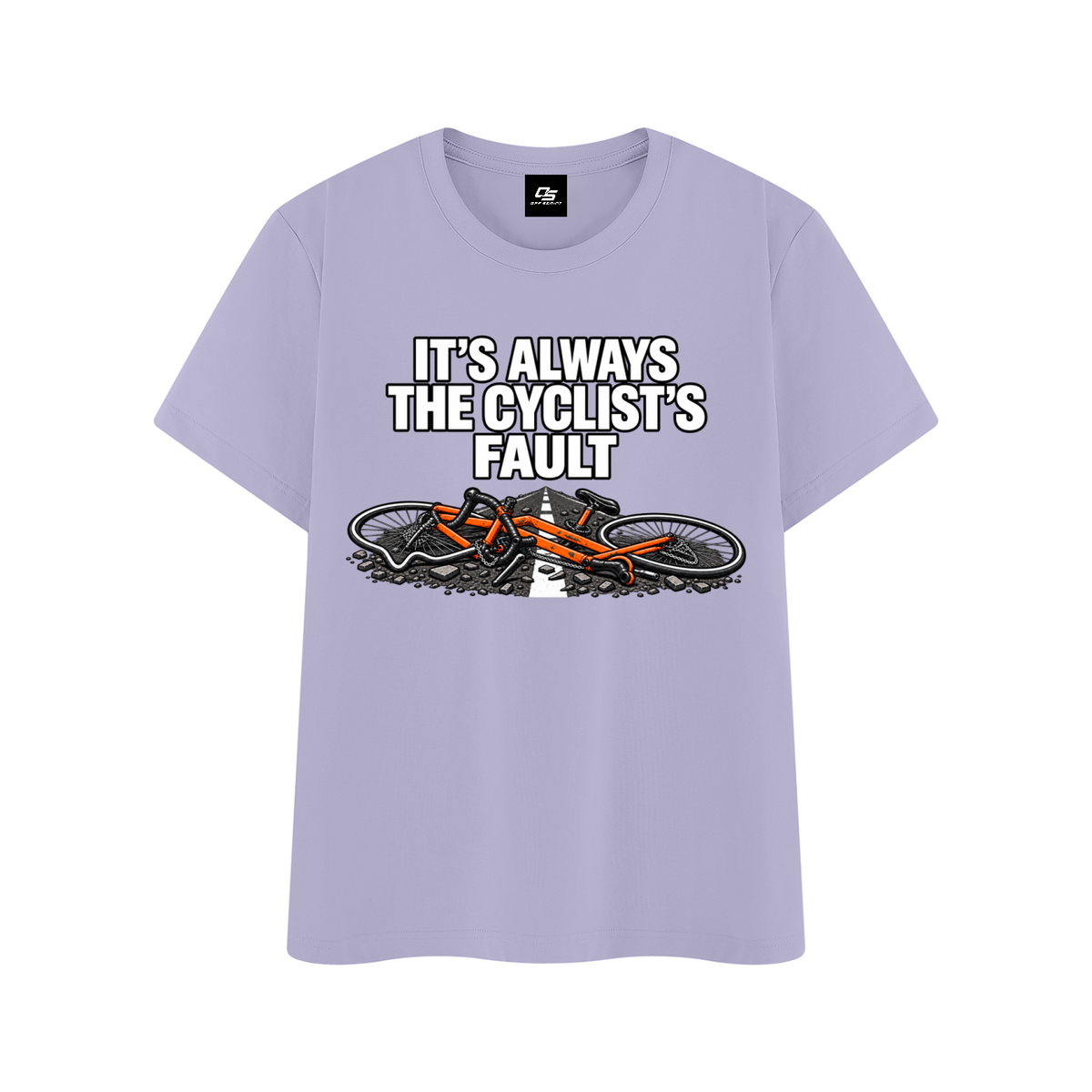 It's Always the Cyclist's Fault graphic T-shirt - Purple front mockup