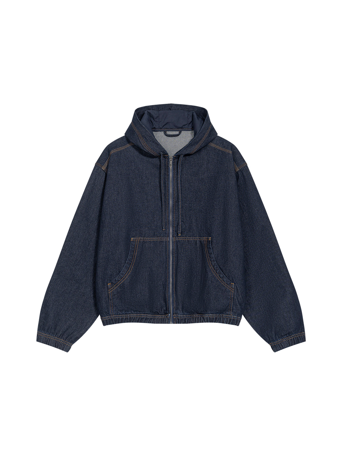 Men’s Boxy Vintage Wash Hooded Denim Jacket jeans blue front 3D mockup