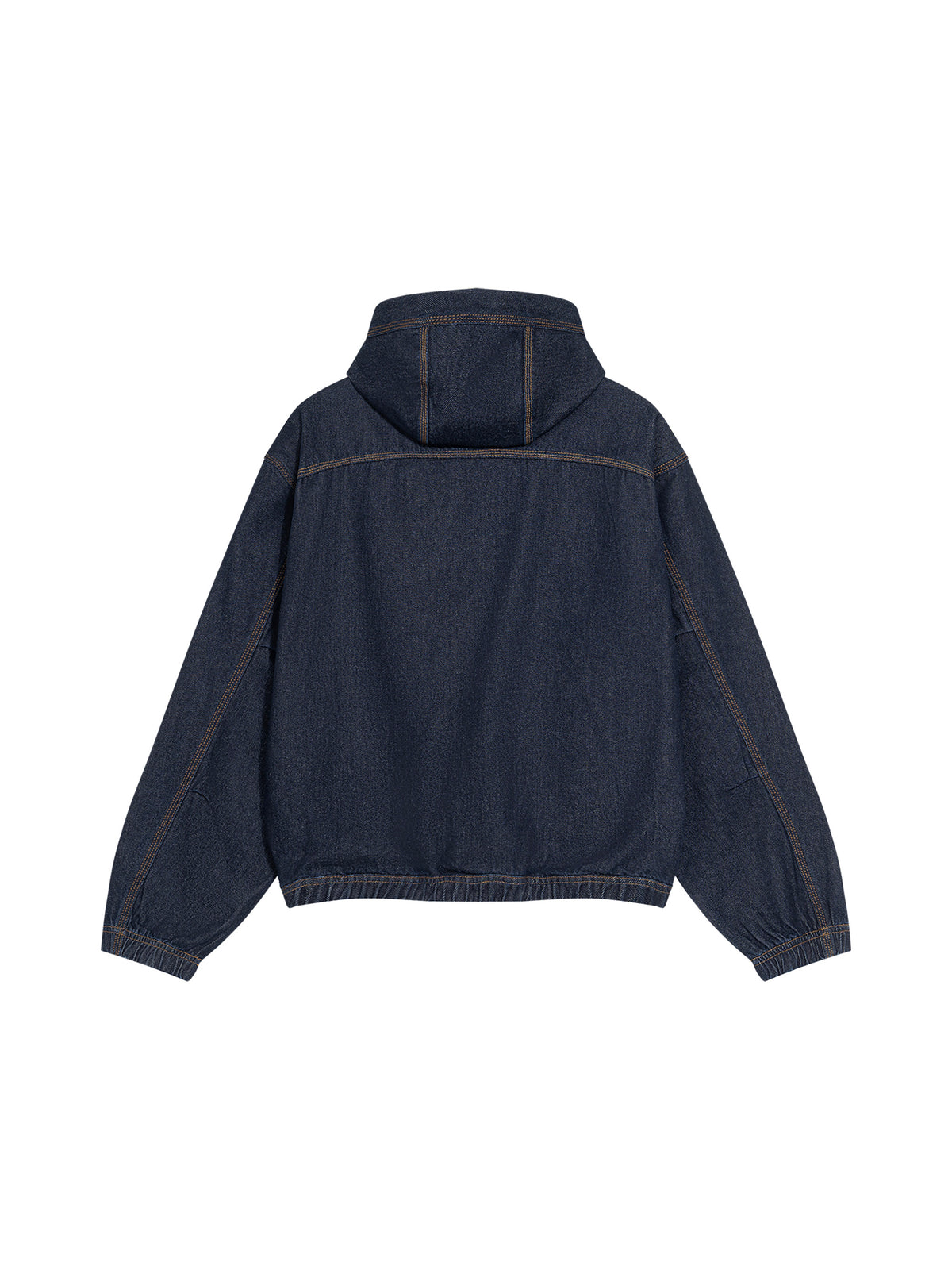 Men’s Boxy Vintage Wash Hooded Denim Jacket jeans blue back 3D mockup