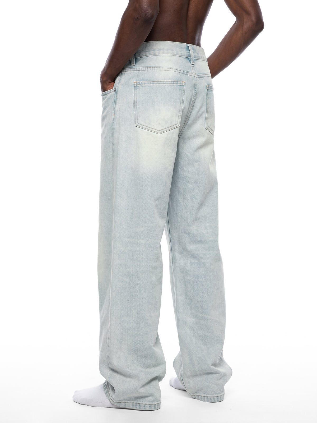 Men’s Vintage Wash Wide Leg Denim Jeans model rear angled view