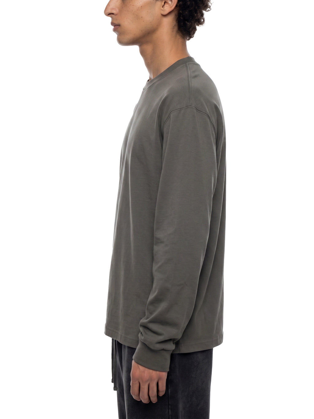 Off Script Essential Crewneck Long-Sleeve T-Shirt on male model side view