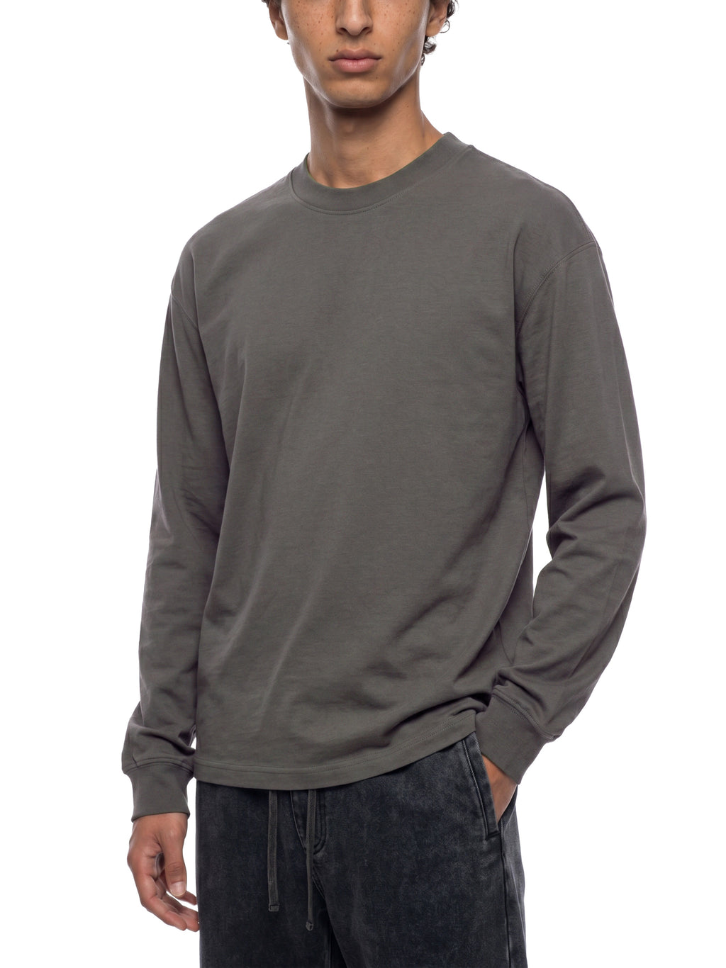 Off Script Essential Crewneck Long-Sleeve T-Shirt on male model casual front view