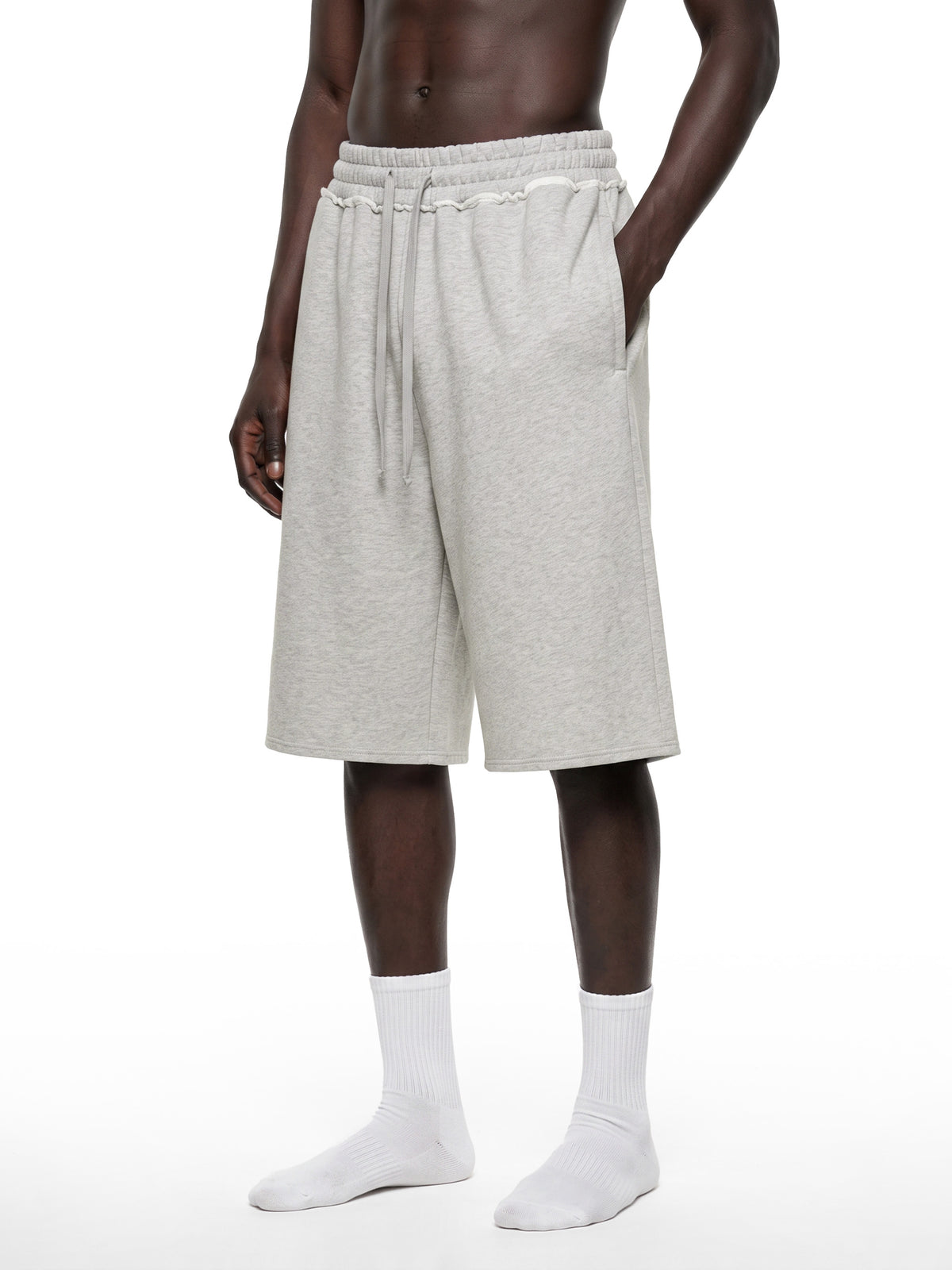 Off Script Unisex Raw Edge Fleece Shorts model view 7