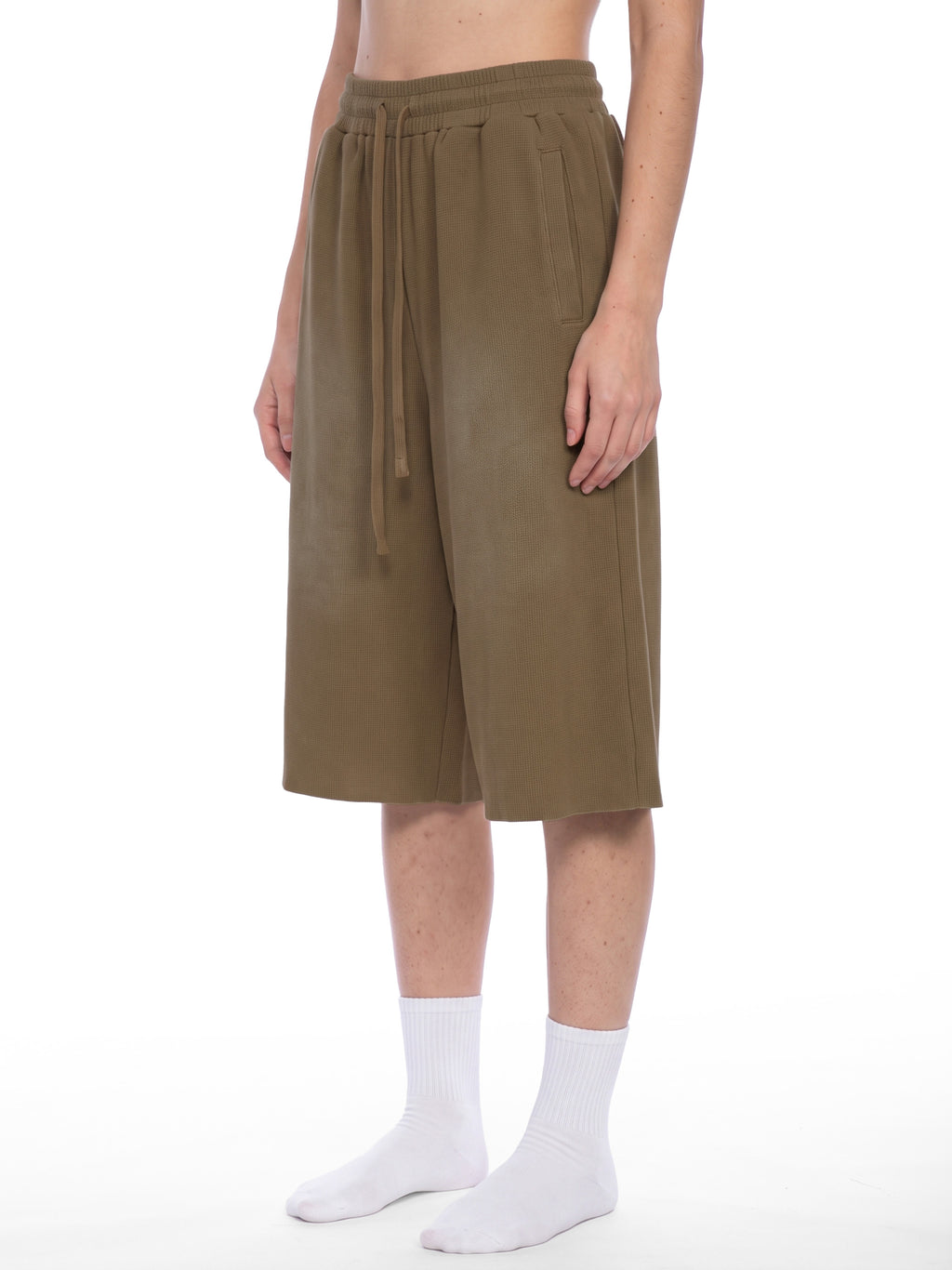 Off Script Unisex Sunfade Raw Edge Shorts Coffee model three-quarter view