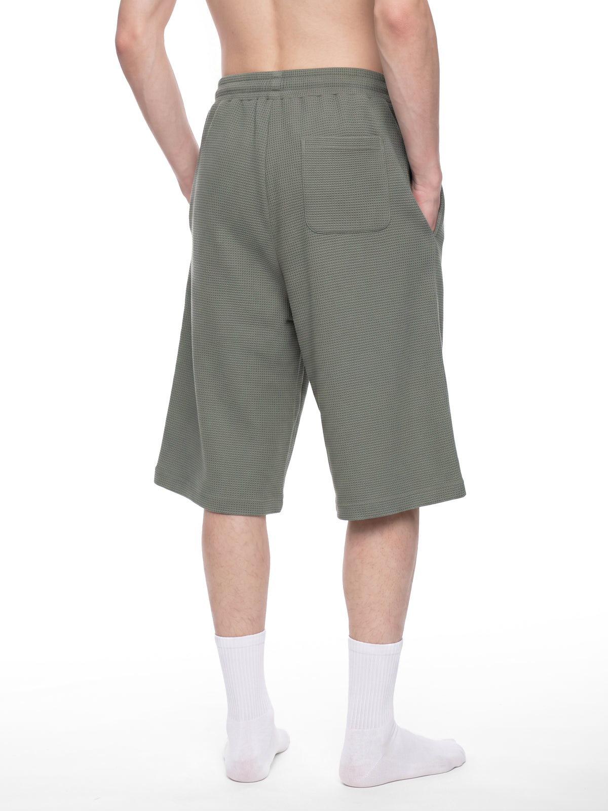 Off Script Unisex Waffle Shorts model rear three-quarter view