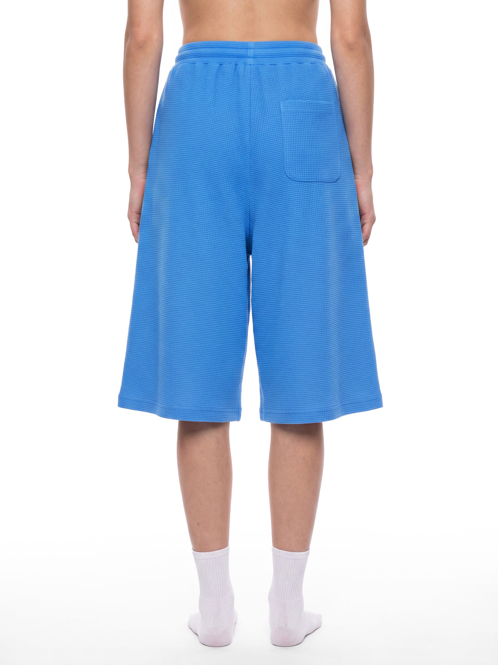 Off Script Unisex Waffle Shorts Colourful Blue model back view