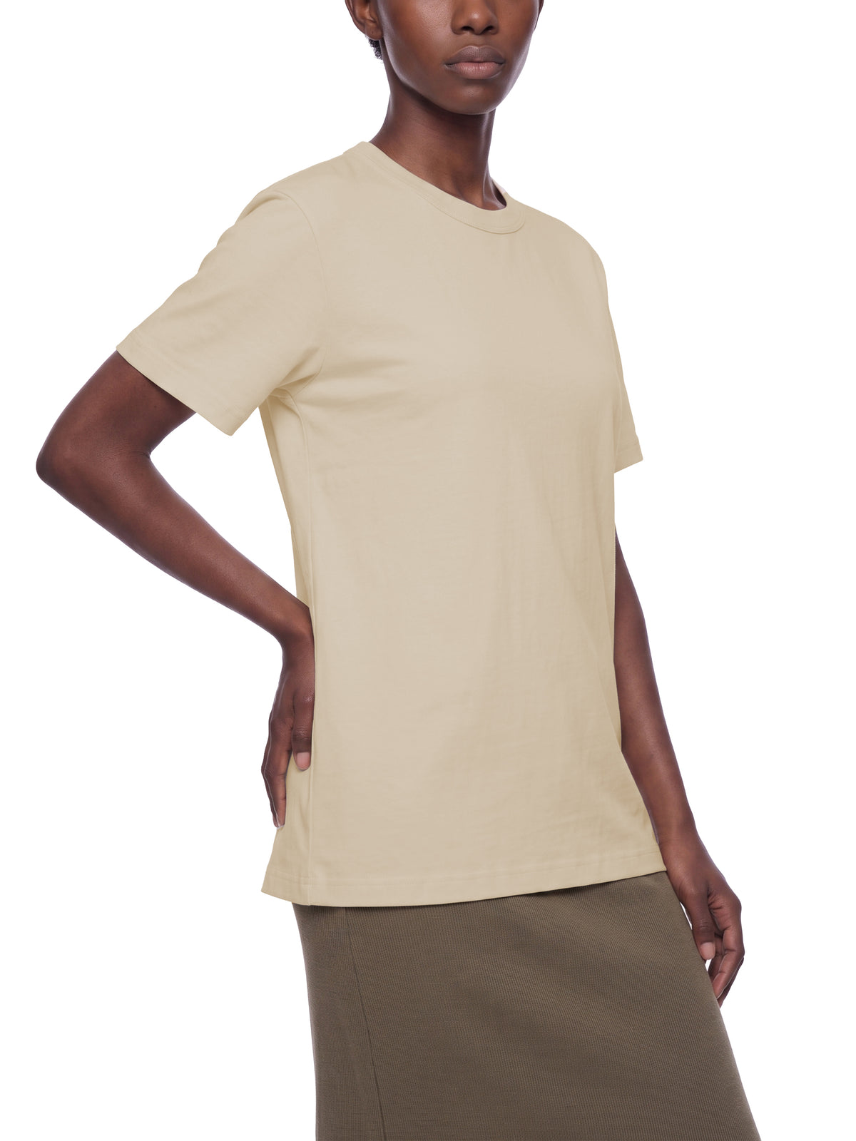 Off Script Unisex Heavyweight Cotton T-Shirt on female model back three-quarter view