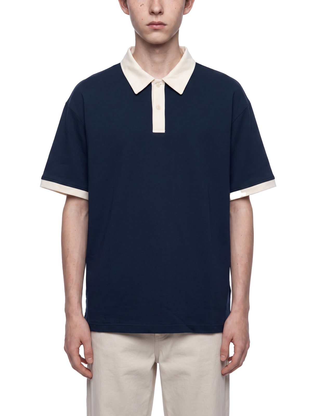 Off Script Unisex Color Block Polo Shirt on male model front view