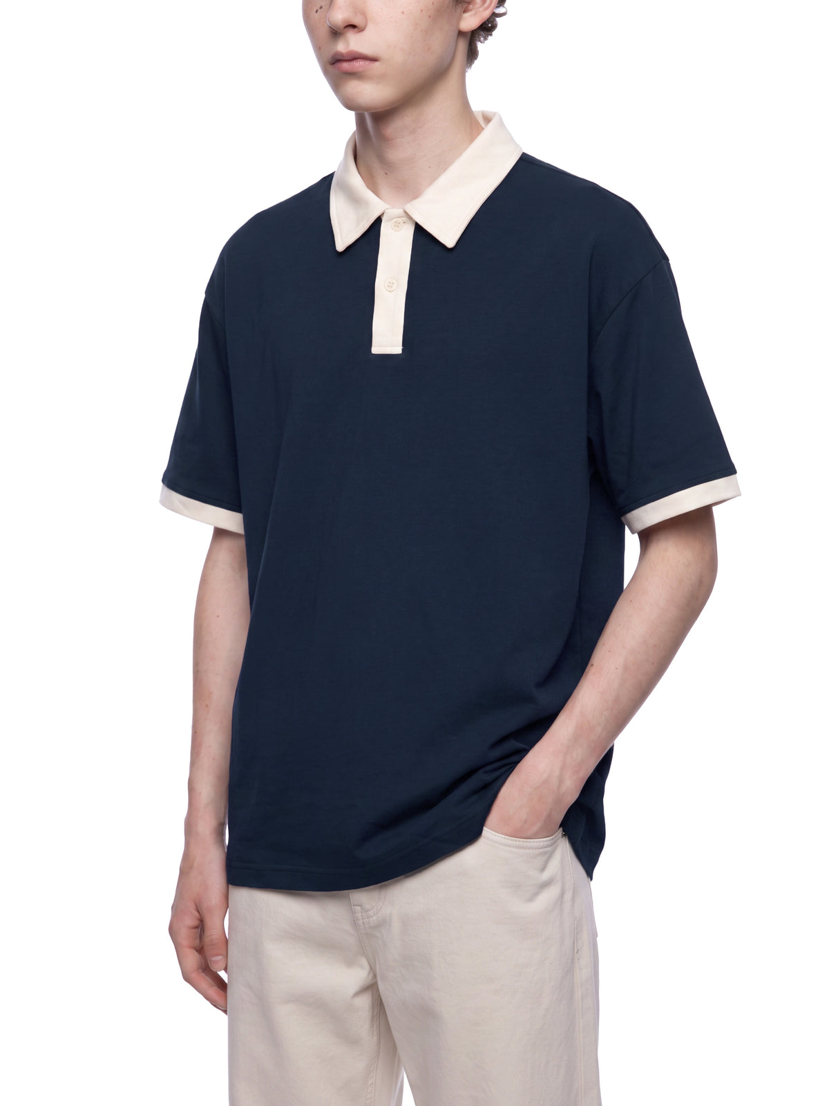 Off Script Unisex Color Block Polo Shirt on male model casual front view