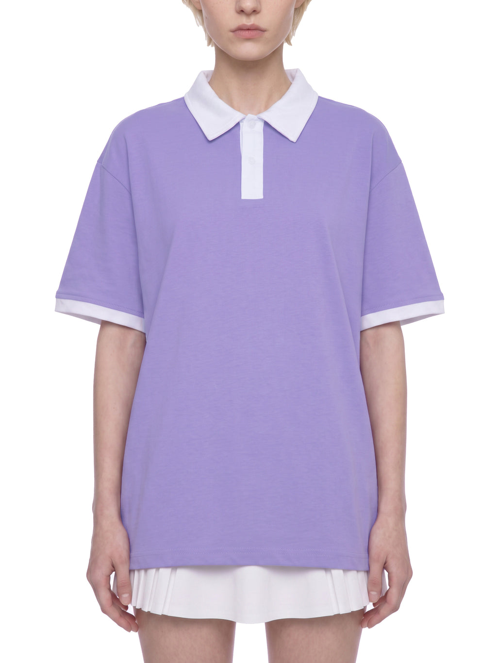 Off Script Unisex Color Block Polo Shirt on female model front view