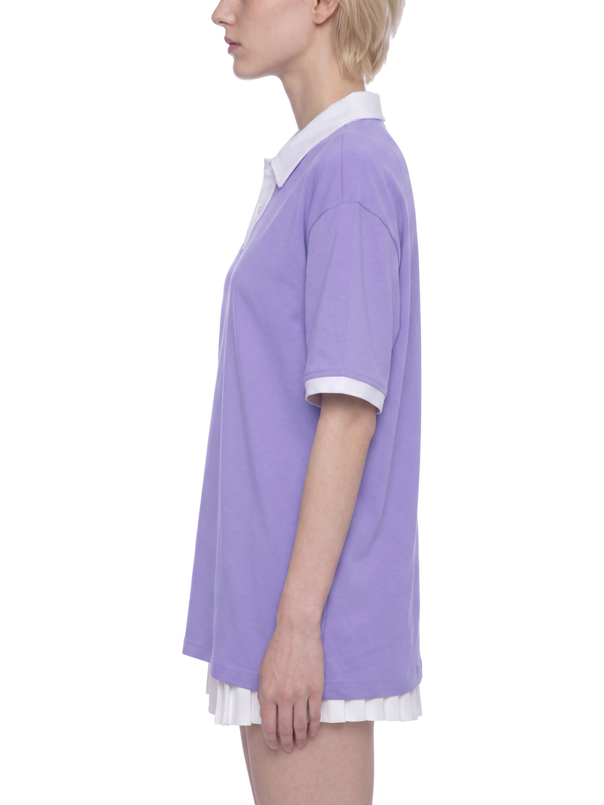 Off Script Unisex Color Block Polo Shirt on female model side view
