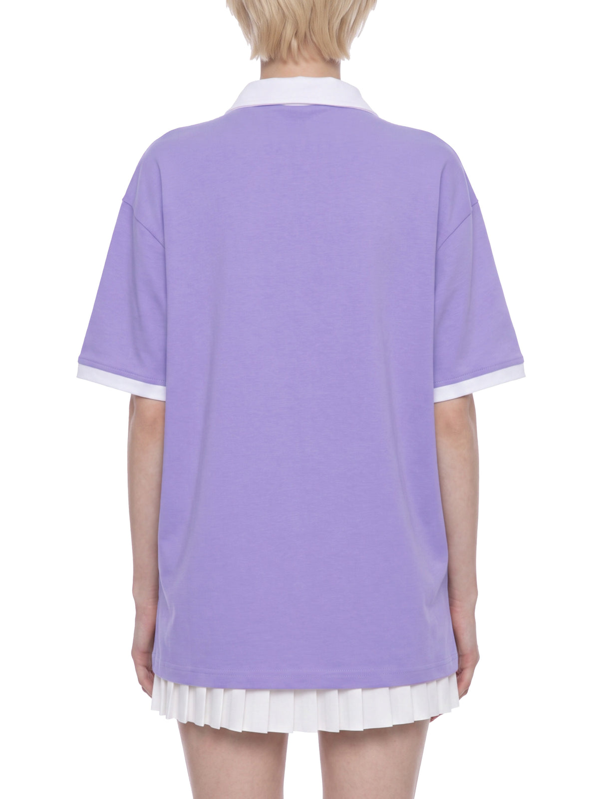 Off Script Unisex Color Block Polo Shirt on female model back view