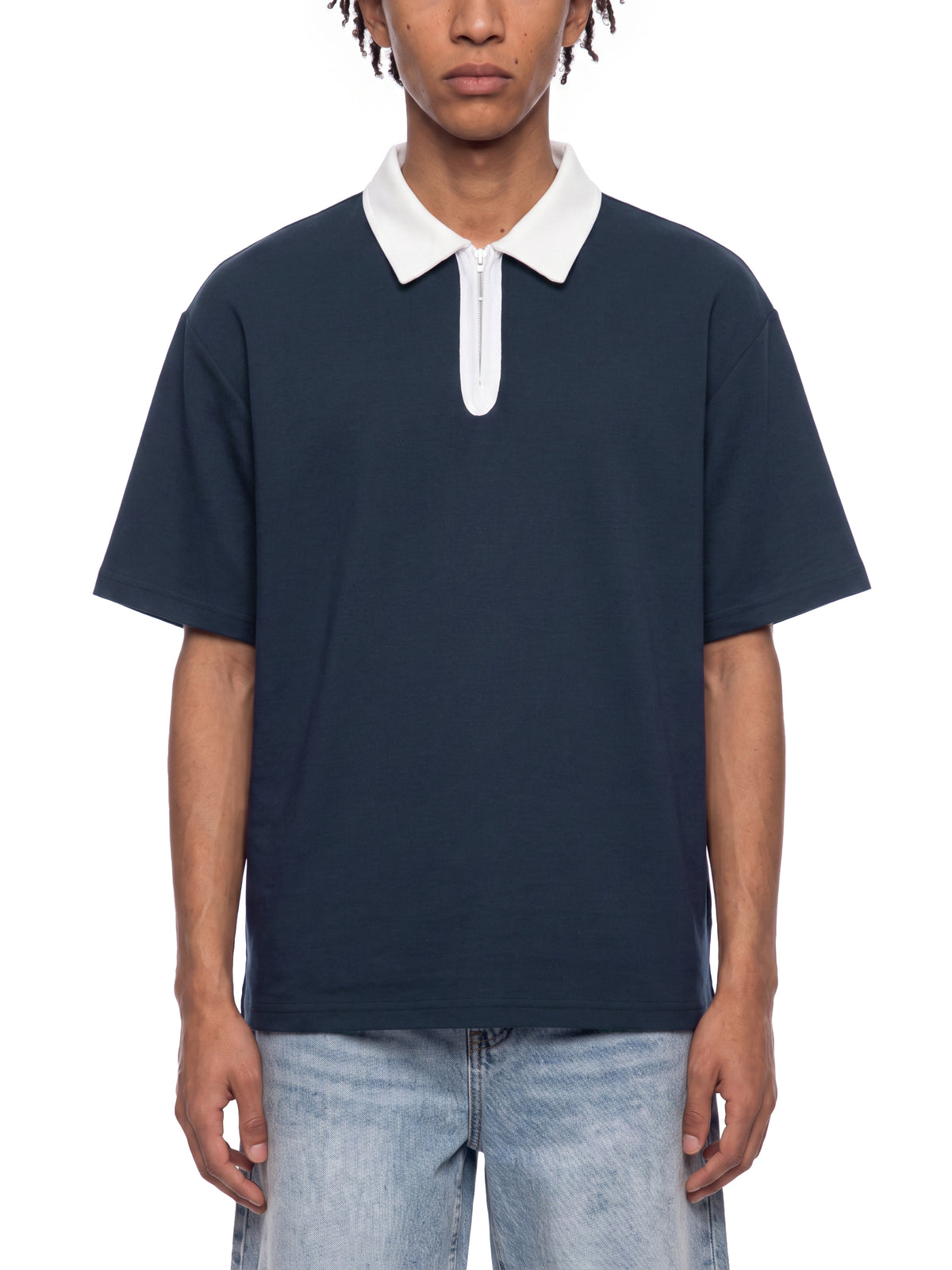 Off Script Unisex Color Block Quarter-Zip Polo Shirt on male model front view