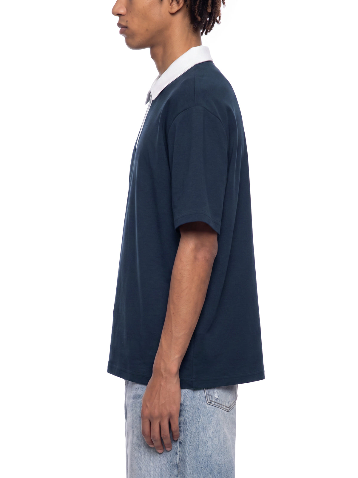 Off Script Unisex Color Block Quarter-Zip Polo Shirt on male model side view