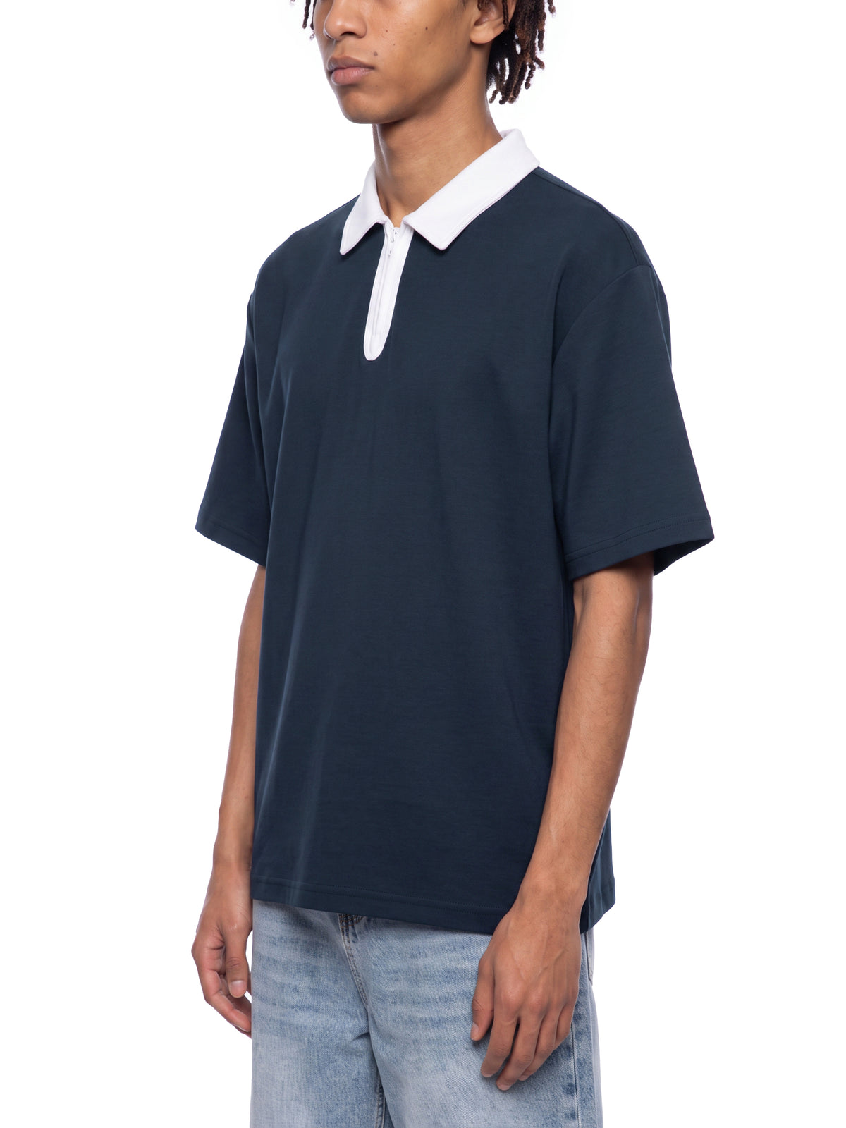 Off Script Unisex Color Block Quarter-Zip Polo Shirt on male model casual front view
