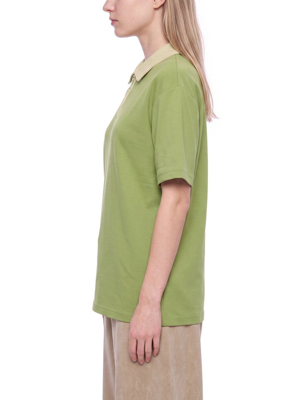 Off Script Unisex Color Block Quarter-Zip Polo Shirt on female model side view