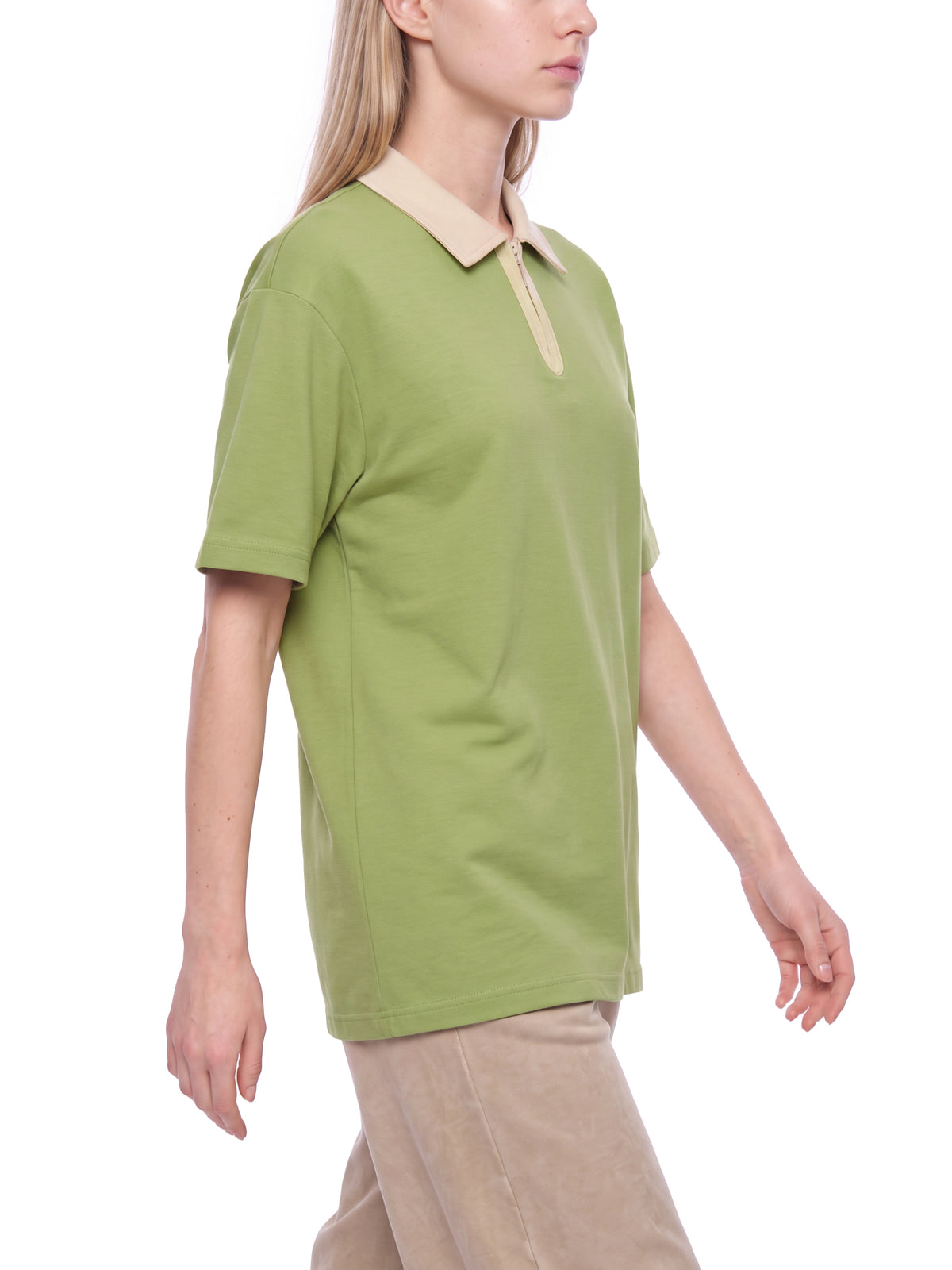 Off Script Unisex Color Block Quarter-Zip Polo Shirt on female model front three-quarter view