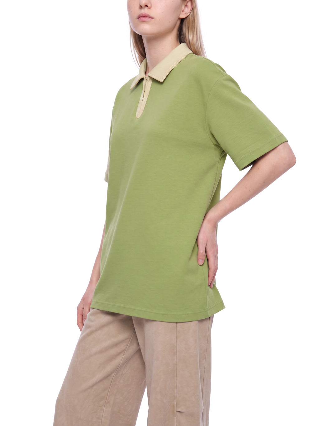 Off Script Unisex Color Block Quarter-Zip Polo Shirt on female model casual front view