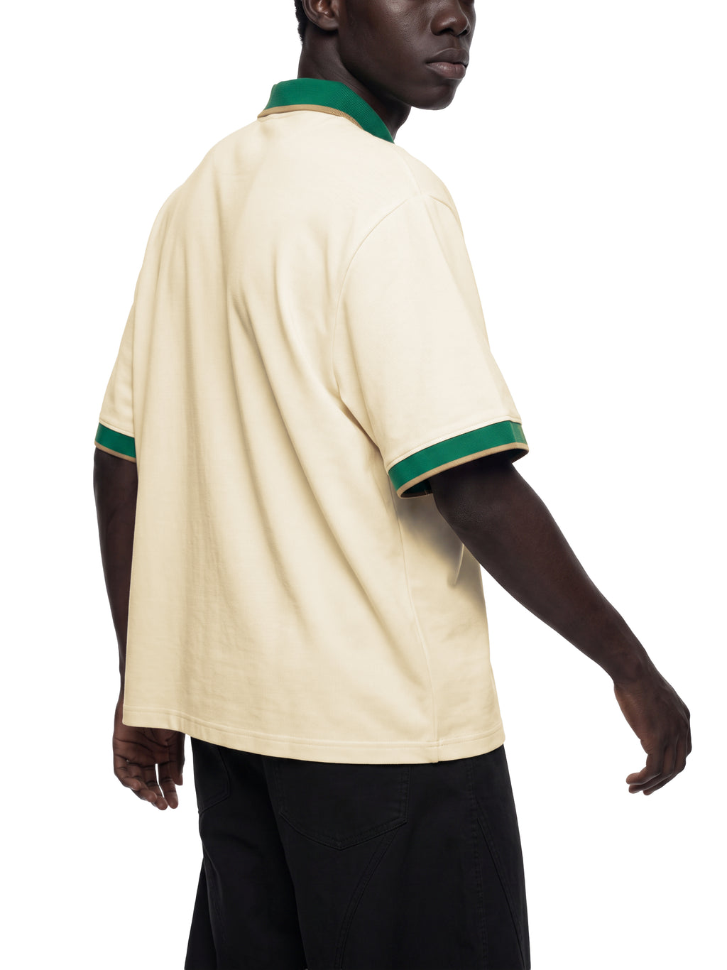Off Script Unisex Color Block Polo Shirt on male model back three-quarter view