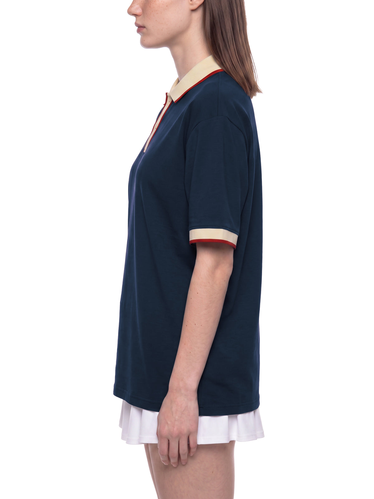 Off Script Unisex Color Block Polo Shirt on female model side view