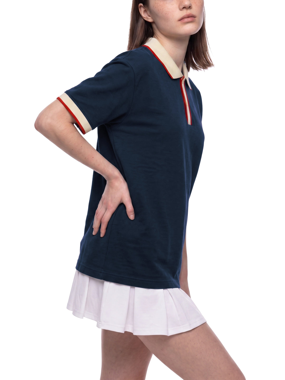 Off Script Unisex Color Block Polo Shirt on female model casual front view