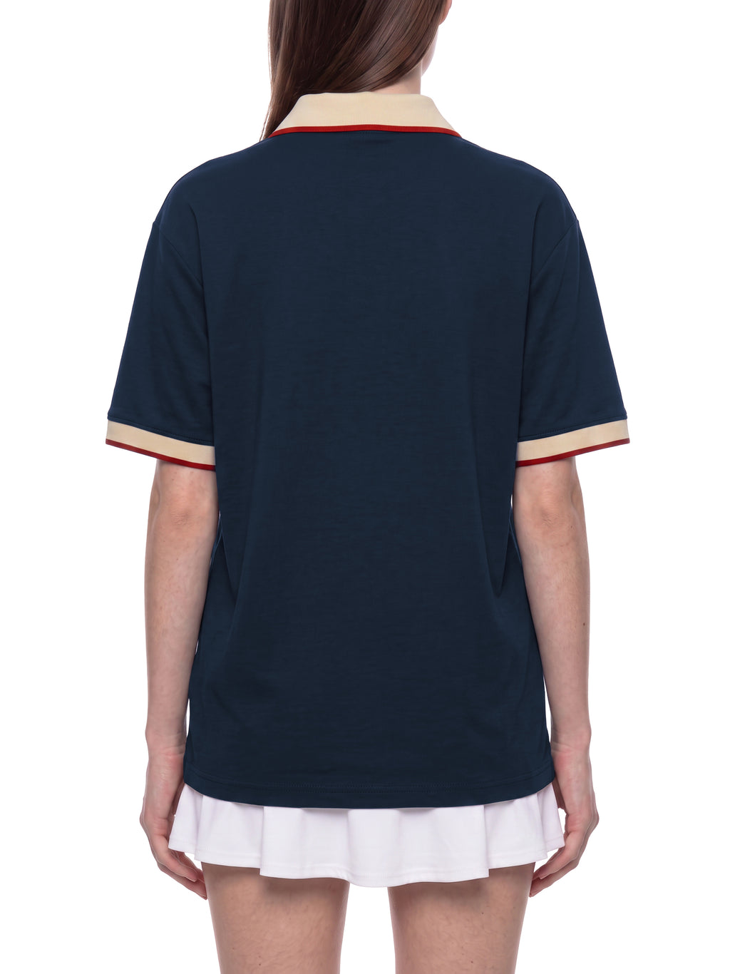 Off Script Unisex Color Block Polo Shirt on female model back view