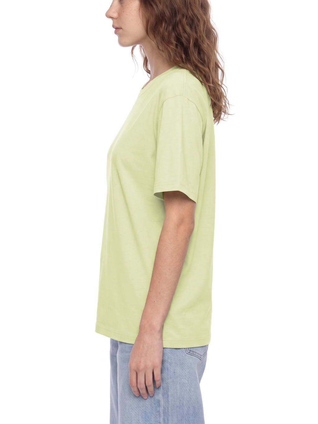 Off Script Unisex Heavyweight Sorona T-Shirt on female model side view